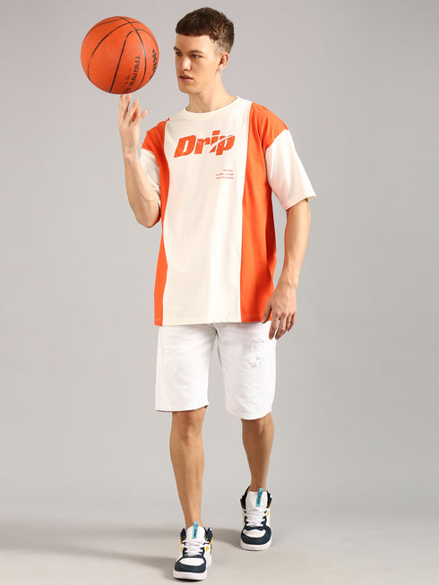 Orange & White Printed Oversized T-Shirt